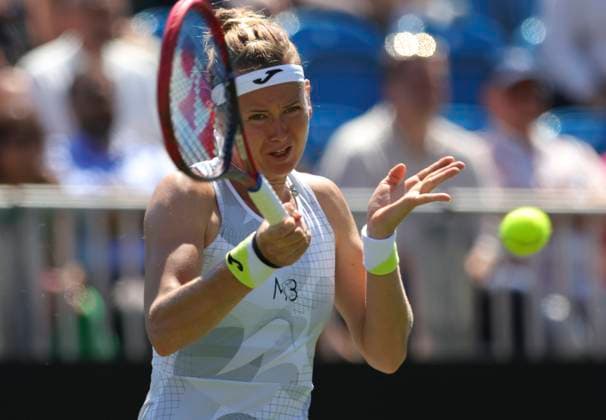 24th June 2024; Devonshire Park, Eastbourne, East Sussex, England: Rothesay International Eastbourne, Day 1, Marie Bouzkova (CZE) plays a forehand against Harriet Dart (GBR), womens singles match  ActionPlus12659804 HongboxChen