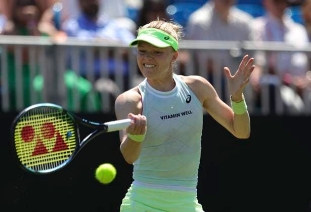 24th June 2024; Devonshire Park, Eastbourne, East Sussex, England: Rothesay International Eastbourne, Day 1, Harriet Dart (GBR) plays a forehand against Marie Bouzkova (CZE), womens singles match  ActionPlus12659806 HongboxChen