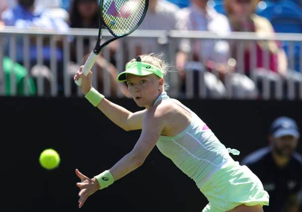 24th June 2024; Devonshire Park, Eastbourne, East Sussex, England: Rothesay International Eastbourne, Day 1, Harriet Dart (GBR) plays a forehand against Marie Bouzkova (CZE), womens singles match  ActionPlus12659807 HongboxChen