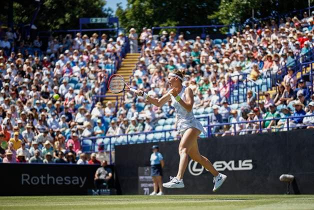 24th June 2024; Devonshire Park, Eastbourne, East Sussex, England: Rothesay International Eastbourne, Day 1, Marie Bouzkova (CZE) plays a forehand against Harriet Dart (GBR), womens singles match  ActionPlus12659813 HongboxChen