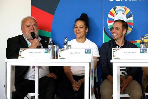 Jörg Junhold, Celia Å aÅ¡iÄ‡ and Philipp Lahm at the media briefing on the interim results of the UEFA EURO 2024 matches in Liepzig at the Media Centre Leipzig, 24 06 2024 Foto:xR.xStoffelsx xFuturexImagex uefa_mediengespraech_4603