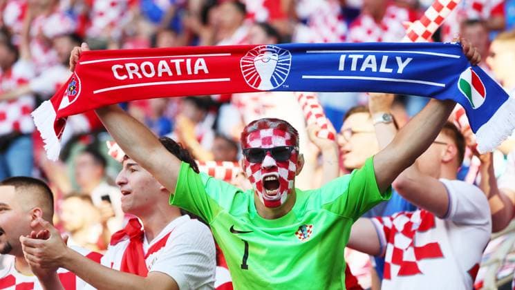 Croatia Italy UEFA EURO 2024 Leipzig, 24 06 2024, Leipzig Stadium, Football, UEFA EURO 2024 Germany , Group B, Preliminary round , Croatia CRO vs Italy ITA , In the picture Fans of Croatia , For journalistic purposes only Only for editorial use , UEFA Êregulations prohibit any use of photographs as image sequences and or quasi video ,