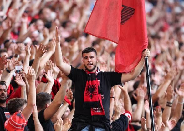Dusseldorf, Germany, 24th June 2024. Albania fan enjoys the atmosphere during the UEFA European Championships match at Dusseldorf Arena, Dusseldorf. Picture credit should read: David Klein Sportimage EDITORIAL USE ONLY. No use with unauthorised audio, video, data, fixture lists, club league logos or live services. Online in-match use limited to 120 images, no video emulation. No use in betting, games or single club league player publications. SPI-3204-0020