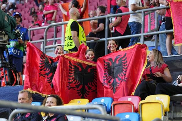 Albanian fans during the EURO 2024, Group B football match between Albania and Spain on 24 June 2024 at Arena Dusseldorf, Dusseldorf, Germany. Photo Nderim Kaceli  Copyright: xx xx IPA_Agency_IPA47445704