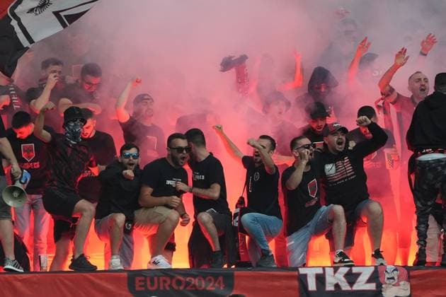 Albanian fans light Bengalos in the block Düsseldorf 24 06 2024 Spain vs Albania, EURO2024 M27, Group B, EM Arena Düsseldorf