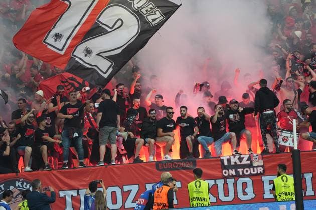 Albanian fans light Bengalos in the block Düsseldorf 24 06 2024 Spain vs Albania, EURO2024 M27, Group B, EM Arena Düsseldorf