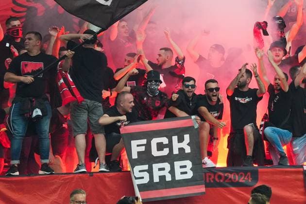 Albanian fans light Bengalos in the block and roll out a FCK SRB poster against Serbia Düsseldorf 24 06 2024 Spain vs Albania, EURO2024 M27, Group B, EM Arena Düsseldorf