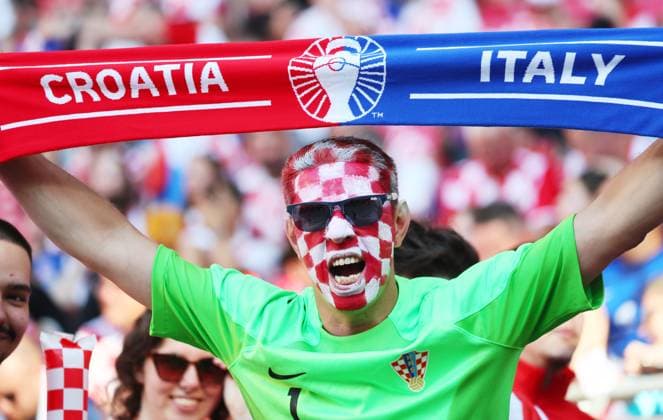 Croatia Italy UEFA EURO 2024 Leipzig, 24 06 2024, Leipzig Stadium, Football, UEFA EURO 2024 Germany , Group B, Preliminary round , Croatia CRO vs Italy ITA , In the picture Fans of Croatia , For journalistic purposes only Only for editorial use , UEFA Êregulations prohibit any use of photographs as image sequences and or quasi video ,