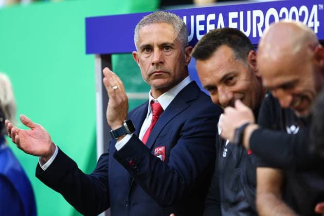 Albanien gegen Spanien 24. Juni 2024, Düsseldorf UEFA EUROs Gruppe B Albanien gegen Spanien Albaniens Trainer Sylvinho Foto Charlotte Wilson Abseits Düsseldorf Deutschland  Copyright: xCharlottexWilsonx xOffsidexOffside