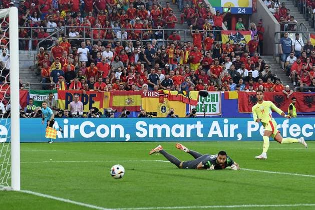 Soccer UEFA EURO 2024 Group Stage 3 Matchday Albania Spain on 24 06 2024 at Düsseldorf Arena in Düsseldorf Goal Score 0 1 by Ferran Torres Spain xRx