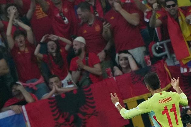 Spain s Ferran Torres celebrates after scoring 0-1 during the Euro 2024 soccer match between Albania and Spain at the Dusseldorf Arena , Dusseldorf , Germany - Monday 24 June 2024. - Soccer .  Copyright: xSpada LaPressex