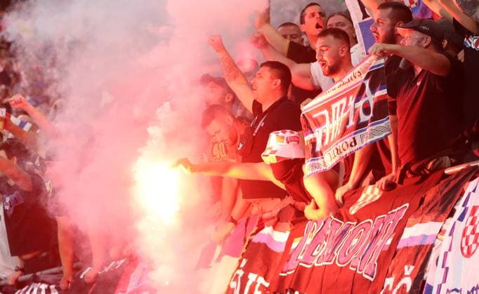 Croatia Italy UEFA EURO 2024 Leipzig, 24 06 2024, Leipzig Stadium, Football, UEFA EURO 2024 Germany , Group B, Preliminary round , Croatia CRO vs Italy ITA , In the picture Fans of Croatia ignite pyrotechnics in their fan block , For journalistic purposes only Only for editorial use , UEFA Êregulations prohibit any use of photographs as image sequences and or quasi video ,