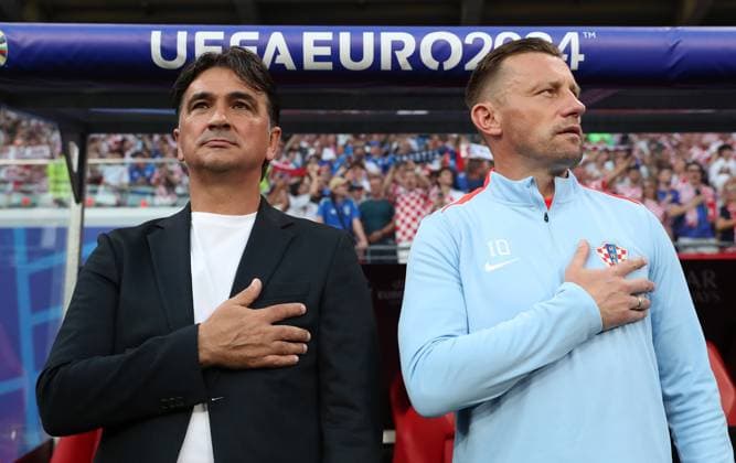 24 06 2024, xtgx, Football EM 2024, Croatia Italy emspor, v l Coach Coach Zlatko Vlasic Croatia Croatia , Co Coach Coach Ivica Olic Croatia Croatia UEFA REGULATIONS PROHIBIT ANY USE OF PHOTOGRAPHS as IMAGE SEQUENCES and or QUASI VIDEO Leipzig