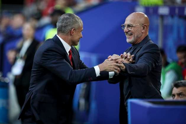 De La Fuente Luis Head coach ESP ET Mendes De Campos Sylvio Head coach ESP FOOTBALL : Albanie vs Espagne - Euro 2024 Groupe B, - Dusseldorf Arena - 24 06 024 ElyxandroCegarra Panoramic 