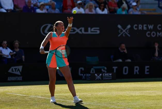 24th June 2024; Devonshire Park, Eastbourne, East Sussex, England: Rothesay International Eastbourne, Day 1, Jelena Ostapenko (LAT) serves to Greet Minnen (BEL)  ActionPlus12660047 HongboxChen
