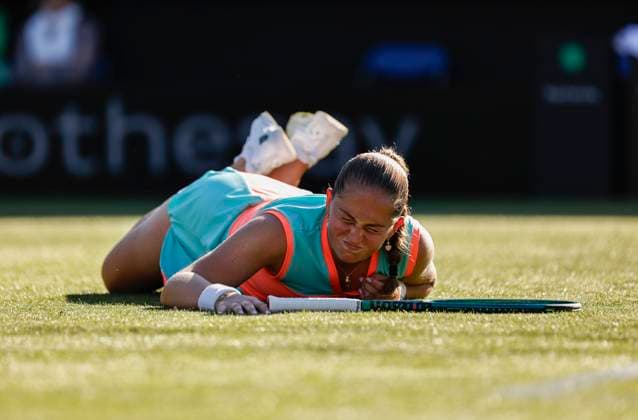 Sport Bilder des Tages 24th June 2024; Devonshire Park, Eastbourne, East Sussex, England: Rothesay International Eastbourne, Day 1, Jelena Ostapenko (LAT) slips during the match against Greet Minnen (BEL)  ActionPlus12660056 HongboxChen