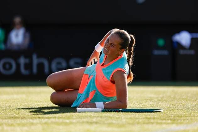 24th June 2024; Devonshire Park, Eastbourne, East Sussex, England: Rothesay International Eastbourne, Day 1, Jelena Ostapenko (LAT) slips during the match against Greet Minnen (BEL)  ActionPlus12660057 HongboxChen