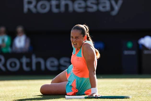 24th June 2024; Devonshire Park, Eastbourne, East Sussex, England: Rothesay International Eastbourne, Day 1, Jelena Ostapenko (LAT) slips during the match against Greet Minnen (BEL)  ActionPlus12660058 HongboxChen
