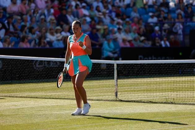 24th June 2024; Devonshire Park, Eastbourne, East Sussex, England: Rothesay International Eastbourne, Day 1, Jelena Ostapenko (LAT) shows emotion in the match against Greet Minnen (BEL)  ActionPlus12660049 HongboxChen