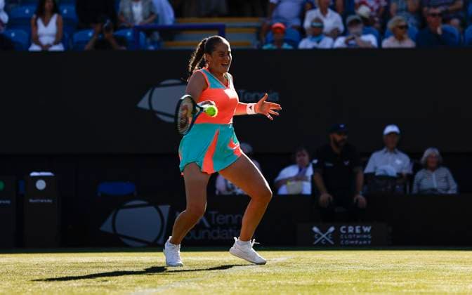 24th June 2024; Devonshire Park, Eastbourne, East Sussex, England: Rothesay International Eastbourne, Day 1, Jelena Ostapenko (LAT) plays a forehand against Greet Minnen (BEL)  ActionPlus12660050 HongboxChen