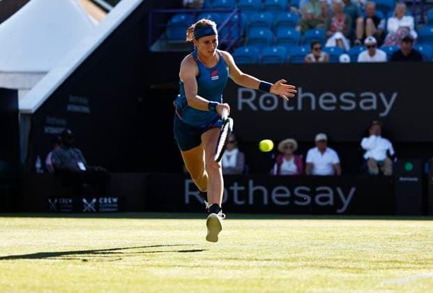 24th June 2024; Devonshire Park, Eastbourne, East Sussex, England: Rothesay International Eastbourne, Day 1, Greet Minnen (BEL) plays a forehand against Jelena Ostapenko (LAT)  ActionPlus12660052 HongboxChen