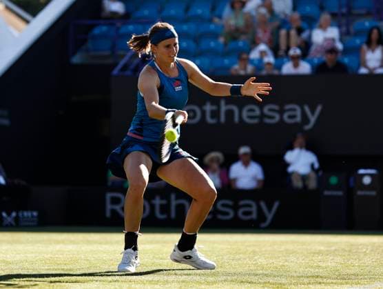 24th June 2024; Devonshire Park, Eastbourne, East Sussex, England: Rothesay International Eastbourne, Day 1, Greet Minnen (BEL) plays a forehand against Jelena Ostapenko (LAT)  ActionPlus12660053 HongboxChen