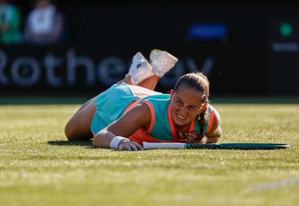 24th June 2024; Devonshire Park, Eastbourne, East Sussex, England: Rothesay International Eastbourne, Day 1, Jelena Ostapenko (LAT) slips during the match against Greet Minnen (BEL)  ActionPlus12660055 HongboxChen