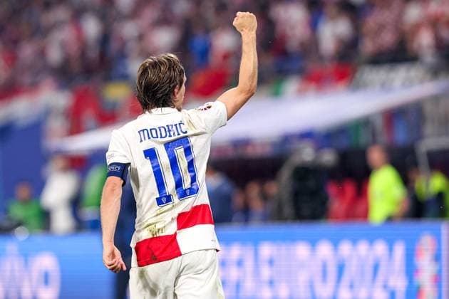 2024-06-24 Croatia v Italy - Group B - UEFA EURO, EM, Europameisterschaft,Fussball 2024 LEIPZIG, GERMANY - JUNE 24: Luka Modric of Croatia celebrates after scoring his teams first goal during the Group B - UEFA EURO 2024 match between Croatia and Italy at Red Bull Arena on June 24, 2024 in Leipzig, Germany. (Photo by Peter Lous BSR Agency) Leipzig Germany Content not available for redistribution in The Netherlands directly or indirectly through any third parties. Copyright: xBSRxAgencyx