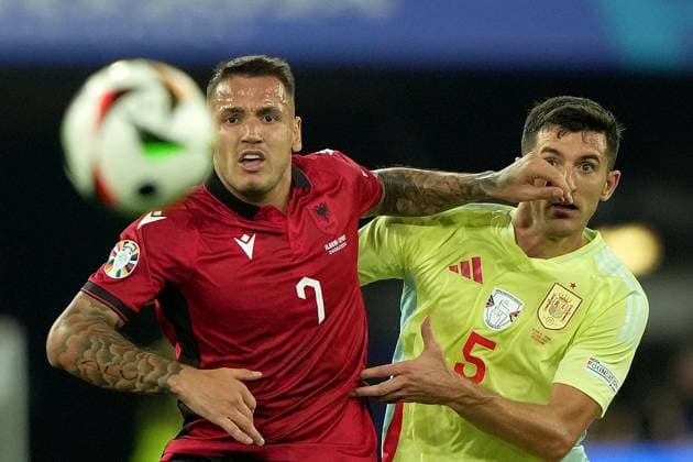 scores his side s fifth goal fight fot the ball with Albania s Rey Manaj during the Euro 2024 soccer match between Albania and Spain at the Dusseldorf Arena , Dusseldorf , Germany - Monday 24 June 2024. - Soccer .  Copyright: xSpada LaPressex