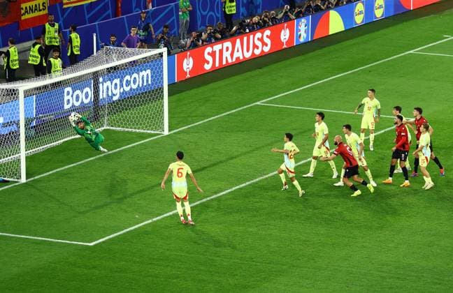 David Raya of Spain makes a save Albania v Spain, UEFA European Championship, EM, Europameisterschaft 2024, Group B, Football, Dusseldorf Arena, Dusseldorf, Germany, 24 Jun 2024 EDITORIAL USE ONLY No use with unauthorised audio, video, data, fixture lists, club league logos or live services. Online in-match use limited to 120 images, no video emulation. No use in betting, games or single club league player publications. Copyright: xKieranxMcManus Shutterstockx 14551047aw