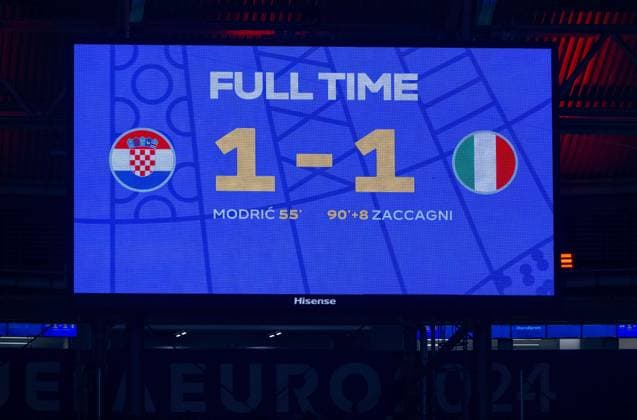 Football, men, 2023 24 season, UEFA Euro 2024, Group B 3 matchday in Leipzig, Croatia Italy, scoreboard with 1 1 final score, 24 06 2024, Copyright: xMatthiasxKochx