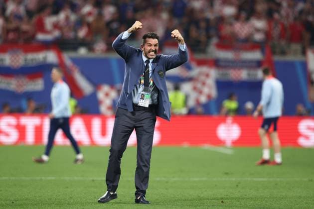 Ex Italy international goalkeeper and backroom staff member Gianluigi Buffon celebrates after the full time whistle Croatia v Italy, UEFA European Championship, EM, Europameisterschaft 2024, Group B, Football, Leipzig Stadium, Leipzig, Germany, 24 Jun 2024 EDITORIAL USE ONLY No use with unauthorised audio, video, data, fixture lists, club league logos or live services. Online in-match use limited to 120 images, no video emulation. No use in betting, games or single club league player publications.  Copyright: xMattxWest Shutterstockx 14551036cv