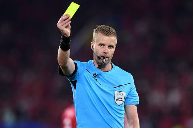 Soccer UEFA EURO 2024 Group Stage 3 Matchday Albania Spain on 24 06 2024 at Düsseldorf Arena in Düsseldorf FIFA referee Glenn Nyberg Sweden shows yellow card xRx