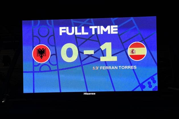 Soccer UEFA EURO 2024 Group Stage 3 Matchday Albania Spain on 24 06 2024 at Düsseldorf Arena in Düsseldorf Final Score Scoreboard Video Wall 0 1 xRx