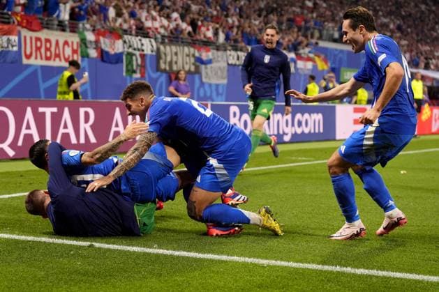 Sport Bilder des Tages Italy s Mattia Zaccagni celebrates after scoring goal 1-1 during the Euro 2024 soccer match between Croatia and Italy at the Leipzig stadium, Lipsia, Germany - Monday 24, June, 2024. - Soccer.  Copyright: xFabioxFerrari LaPressex