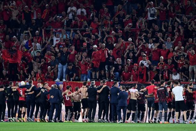 Soccer UEFA EURO 2024 Group Stage 3 Matchday Albania Spain on 24 06 2024 at Düsseldorf Arena in Düsseldorf Albania players are celebrated by the fans spectators xRx