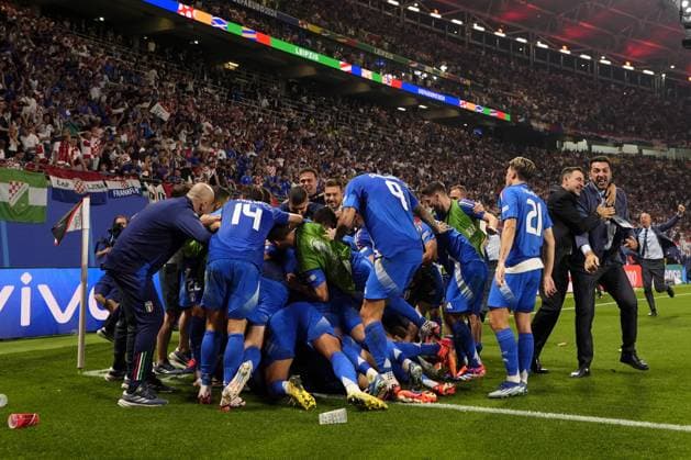 Italy s Mattia Zaccagni celebrates after scoring goal 1-1 during the Euro 2024 soccer match between Croatia and Italy at the Leipzig stadium, Lipsia, Germany - Monday 24, June, 2024. - Soccer.  Copyright: xFabioxFerrari LaPressex