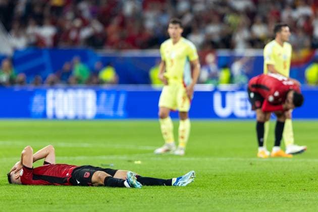 Albania v Spain - UEFA EURO, EM, Europameisterschaft,Fussball 2024 Albanianm players are reacting after losing during the UEFA Euro 2024 Group B match between Albania v Spain, at the Düsseldorf Arena in Düsseldorf, Germany, on June 24, 2024. Düsseldorf Germany  Copyright: xAndrzejxIwanczukx originalFilename:iwanczuk-albaniav240624_npLsJ.jpg