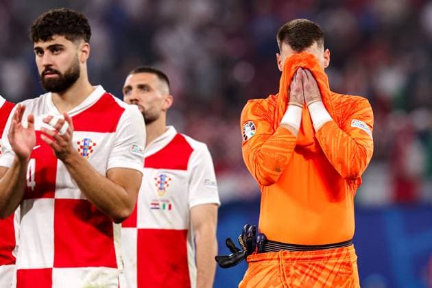 2024-06-24 Croatia v Italy - Group B - UEFA EURO, EM, Europameisterschaft,Fussball 2024 LEIPZIG, GERMANY - JUNE 24: goalkeeper Dominik Livakovic of Croatia looks dejected with shirt over his face during the Group B - UEFA EURO 2024 match between Croatia and Italy at Red Bull Arena on June 24, 2024 in Leipzig, Germany. (Photo by Peter Lous BSR Agency) Leipzig Germany Content not available for redistribution in The Netherlands directly or indirectly through any third parties. Copyright: xBSRxAgencyx