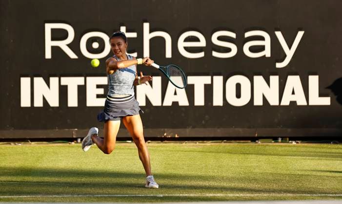 24th June 2024; Devonshire Park, Eastbourne, East Sussex, England: Rothesay International Eastbourne, Day 1, Yue Yuan (CHN) plays a forehand against Anastasia Potapova womens singles match  ActionPlus12660103 HongboxChen