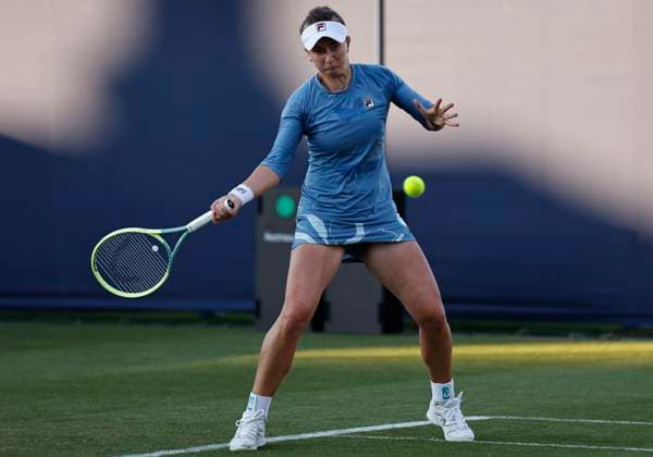 24th June 2024; Devonshire Park, Eastbourne, East Sussex, England: Rothesay International Eastbourne, Day 1, Barbora Krejcikova (CZE) plays a forehand against Leylah Fernandez (CAN) womens singles match  ActionPlus12660112 HongboxChen