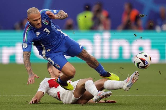 Croatia v Italy: Group B - UEFA EURO, EM, Europameisterschaft,Fussball 2024 LEIPZIG, GERMANY - JUNE 24: Player of Italy Federico Dimarco falling after foul during the UEFA EURO 2024 group stage match between Croatia and Italy at Football Stadium Leipzig on June 24, 2024 in Leipzig, Germany. Pixsell MBxMedia