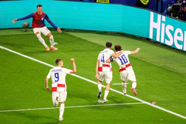 Croatia v Italy: Group B - UEFA EURO, EM, Europameisterschaft,Fussball 2024 LEIPZIG, GERMANY - JUNE 24: Players of Croatia Andrej Kramaric, Josko Gvardiol, Luka Modric and Ivan Perisic celebrating Luka Modrics goal during the UEFA EURO 2024 group stage match between Croatia and Italy at Football Stadium Leipzig on June 24, 2024 in Leipzig, Germany. ( Pixsell MBxMedia