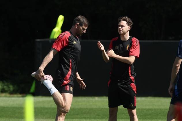 Belgium s Jan Vertonghen and Belgium s Maxim De Cuyper pictured during a training session of Belgian national soccer team Red Devils, Tuesday 25 June 2024 in Stuttgart, Germany, during the UEFA EURO, EM, Europameisterschaft,Fussball 2024 European Soccer Championships. The Red Devils play in Group E at the Euro 2024 European Championships in Germany and have one last game to play. BRUNOxFAHY  x95222432x