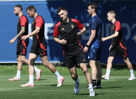 Belgium s Thomas Meunier pictured during a training session of Belgian national soccer team Red Devils, Tuesday 25 June 2024 in Stuttgart, Germany, during the UEFA EURO, EM, Europameisterschaft,Fussball 2024 European Soccer Championships. The Red Devils play in Group E at the Euro 2024 European Championships in Germany and have one last game to play. BRUNOxFAHY  x95222661x