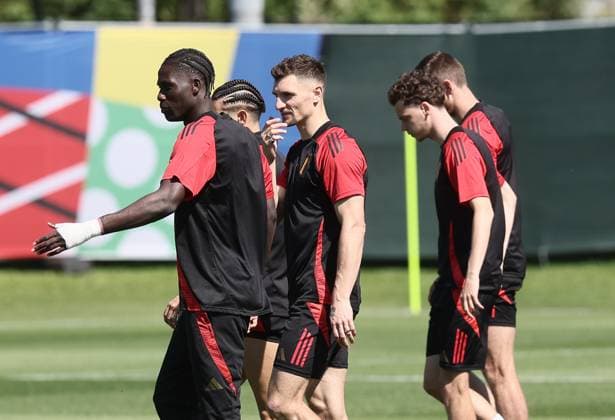 Belgium s Thomas Meunier (C) pictured during a training session of Belgian national soccer team Red Devils, Tuesday 25 June 2024 in Stuttgart, Germany, during the UEFA EURO, EM, Europameisterschaft,Fussball 2024 European Soccer Championships. The Red Devils play in Group E at the Euro 2024 European Championships in Germany and have one last game to play. BRUNOxFAHY  x95222663x
