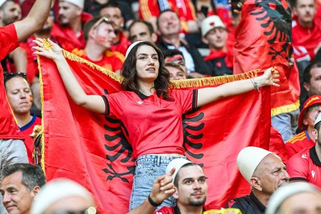 240624 EURO2024 ALBANIA VS SPAIN fans and supporters of Albania before a soccer game between the national teams of Albania and Spain on the third matchday in Group B in the group stage of the UEFA EURO, EM, Europameisterschaft,Fussball 2024 tournament , on Monday 24 June 2024 in Dusseldorf , Germany . PHOTO SPORTPIX Stijn Audooren Dusseldorf Dusseldorf Arena Germany  Copyright: xSportpix.bex xStijnxAudoorenxStijnxAudoorenx
