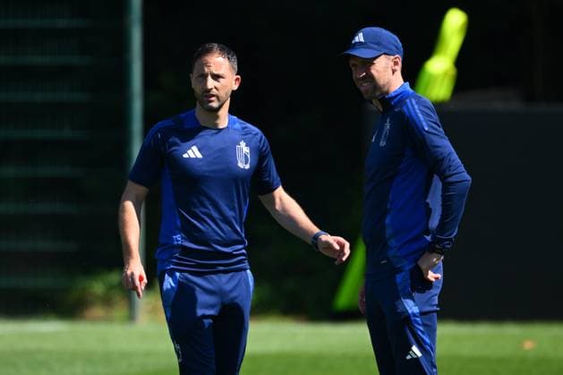 Belgium Media Activities - UEFA EURO, EM, Europameisterschaft,Fussball 2024 25 06 2024 FREIBERG AM NECKA, GERMANY - JUNE 25 : Tedesco Domenico head coach of Belgium, Hinkel Andreas assistant coach of Belgium during a training session of the Belgian Red Devils at the UEFA EURO 2024 European Football Championship tournament on June 25, 2024 in Freiberg am Necka, Germany, 25 06 2024 Freiberg am Necka Germany  Copyright: xVincentxKalutx