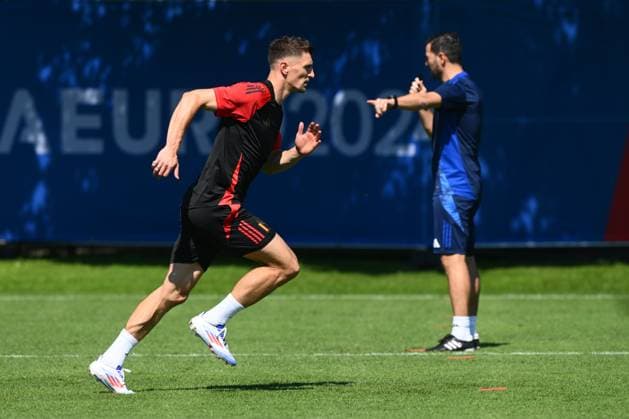 Belgium Media Activities - UEFA EURO, EM, Europameisterschaft,Fussball 2024 25 06 2024 FREIBERG AM NECKA, GERMANY - JUNE 25 : Meunier Thomas defender of Belgium during a training session of the Belgian Red Devils at the UEFA EURO 2024 European Football Championship tournament on June 25, 2024 in Freiberg am Necka, Germany, 25 06 2024 Freiberg am Necka Germany  Copyright: xVincentxKalutx