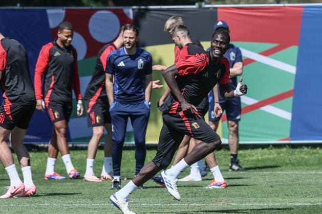 Belgium s Amadou Onana pictured during a training session of Belgian national soccer team Red Devils, Tuesday 25 June 2024 in Freiberg, Germany, during the UEFA EURO, EM, Europameisterschaft,Fussball 2024 European Soccer Championships. The Red Devils play in Group E at the Euro 2024 European Championships in Germany and have one last game to play. BRUNOxFAHY  x95225890x
